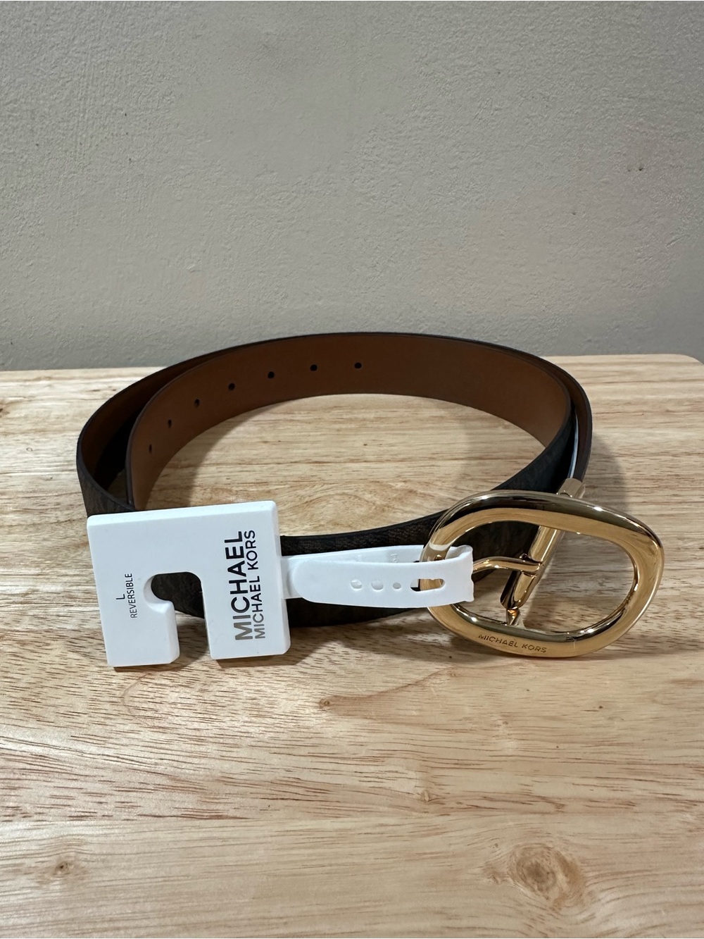 MICHAEL Michael Kors Brown/Tan Reversible Leather Belt with Gold Oval Buckle